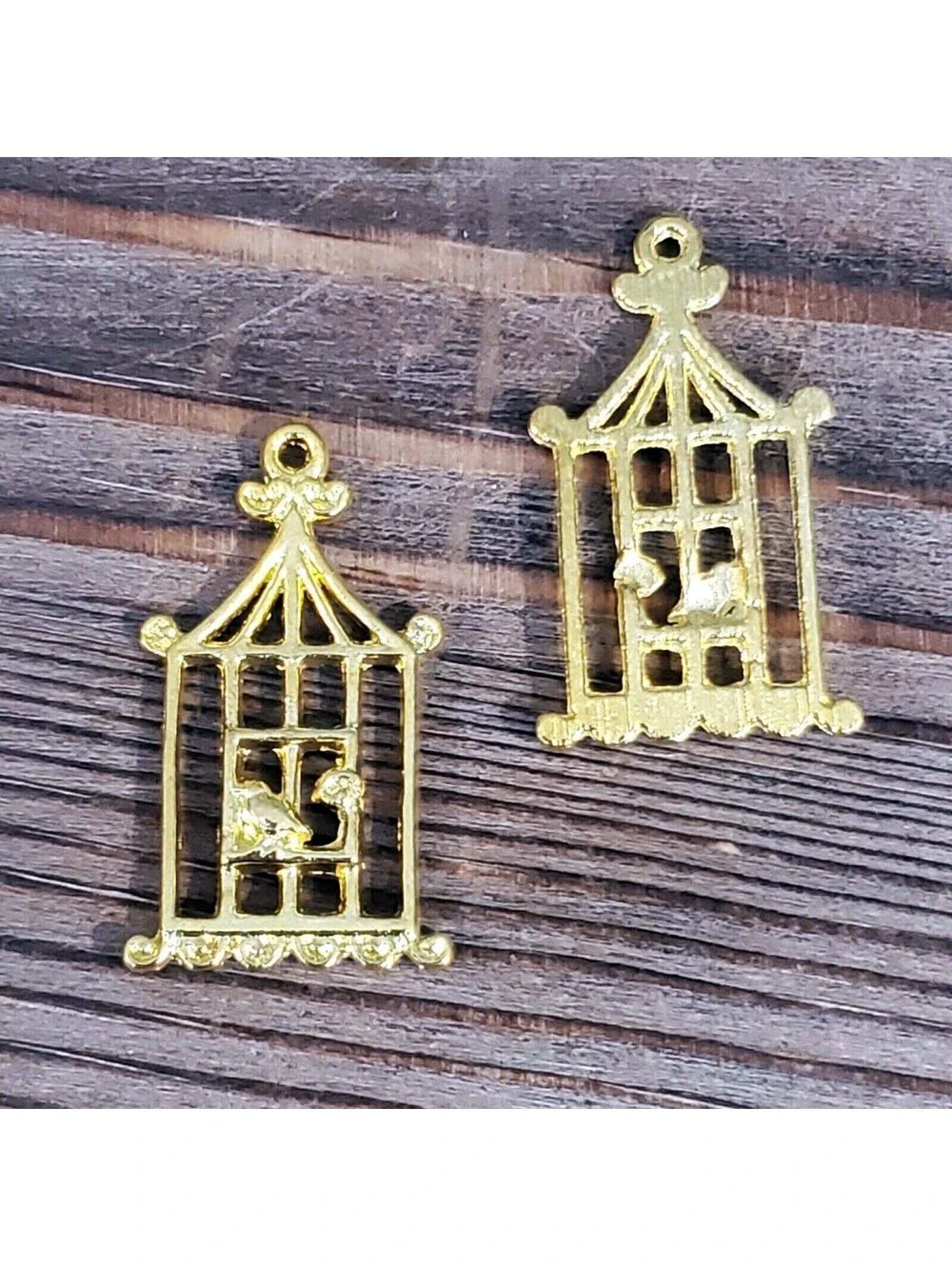 Gold 14K Plated Pewter Art Deco Nouveau Bird & Cage Pendants 29x18mm 2 pcs